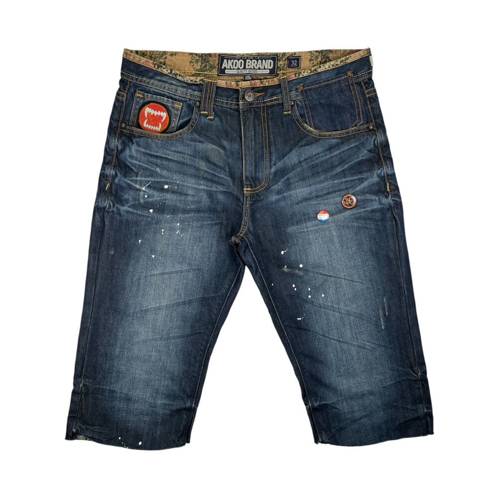 AKOO Mens Denim Shorts Size 32 Y2K Custom Cutoff Jorts Monster Fangs 2 Pins